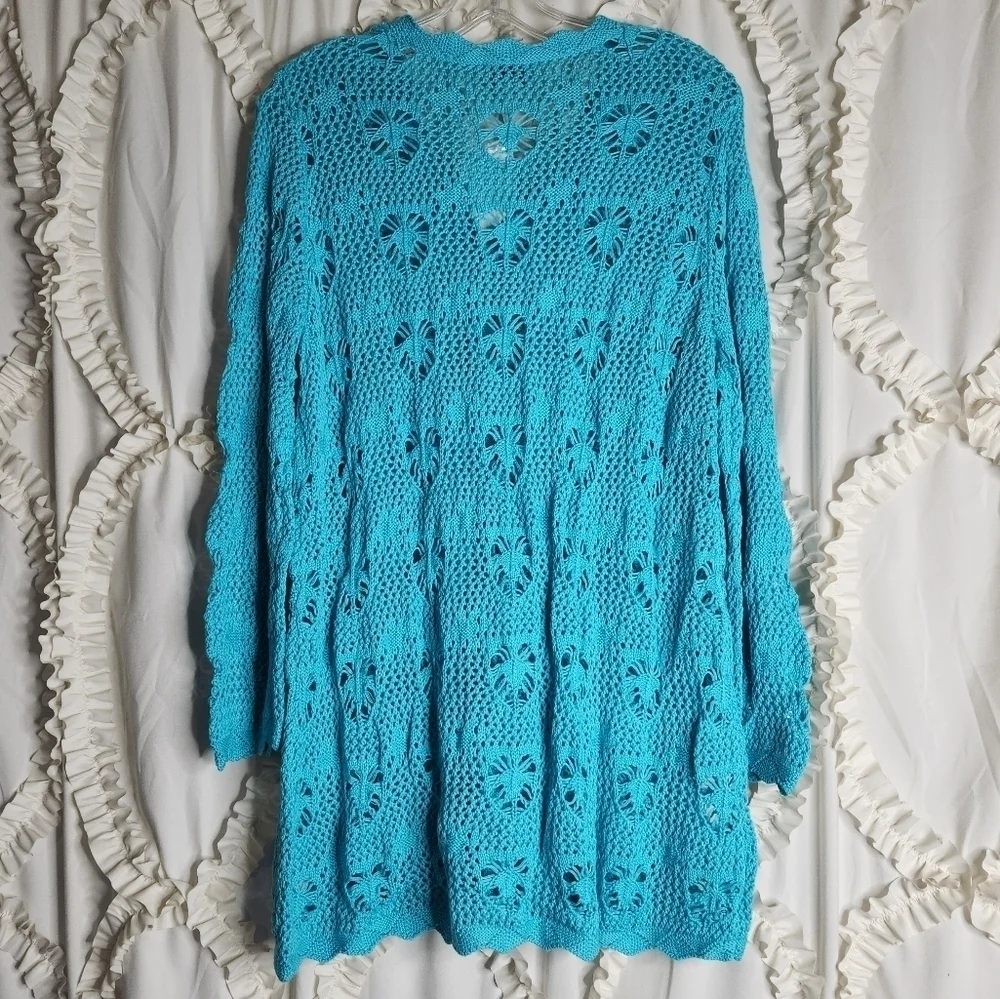 New JOAN RIVERS Aqua Blue Long Cardigan Size L Knitted Heart Long Sleeves